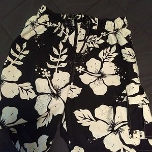 Black and White Hawaiian Swim Trunks